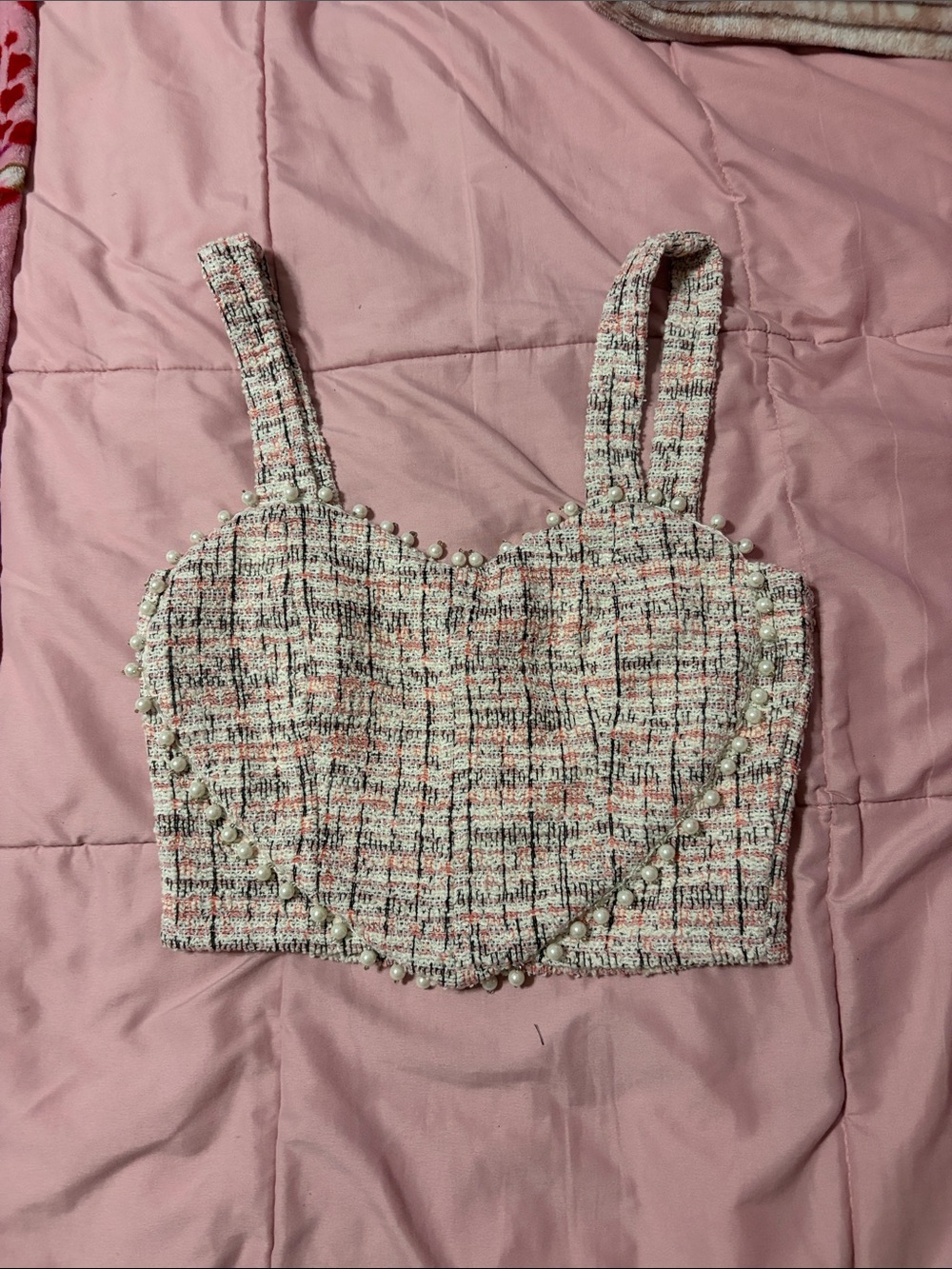 Pearl-Embellished Pink Tweed Crop Top